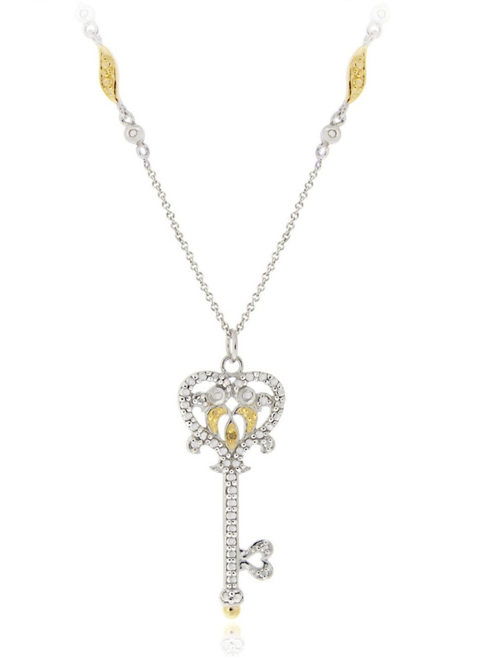 925 Silver 2 Tone Yellow Diamond Owl Heart Key Pendant Necklace.